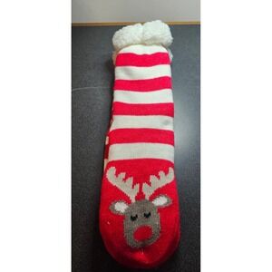 Red White‎ Striped Reindeer Slipper Socks with Faux Shearling Lining Non-Slip